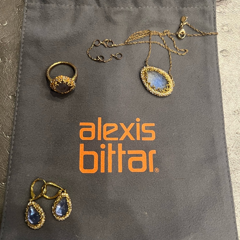 Alexis Bittar purple moonstone necklace earrings and ring set